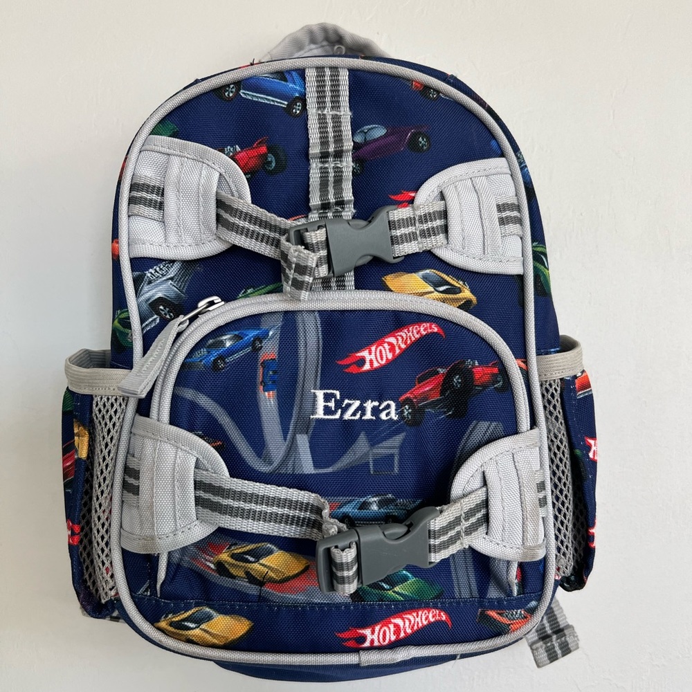 Pottery Barn Mackenzie Gray Blue Hot Wheels Mini Preschool Backpack Custom Ezra